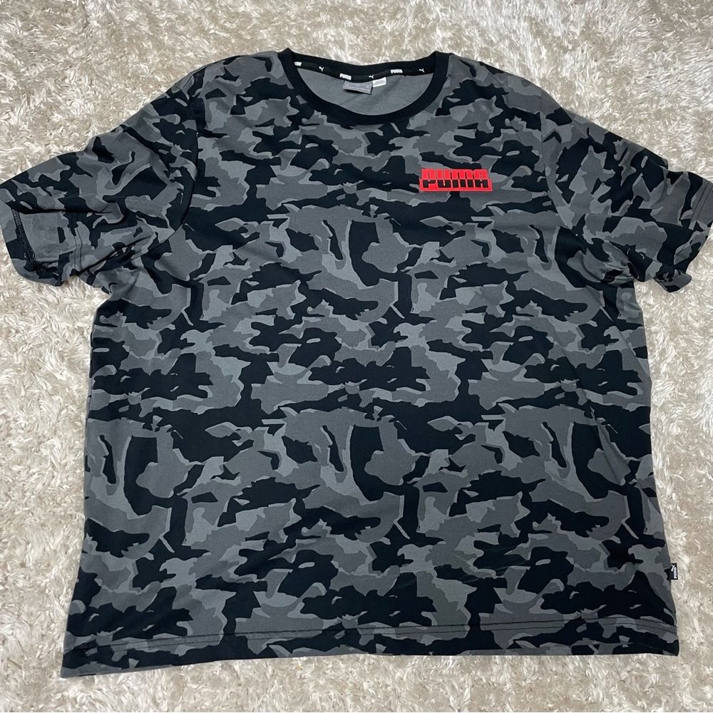 Black and Grey camo, Puma, and XXL t-shirt.